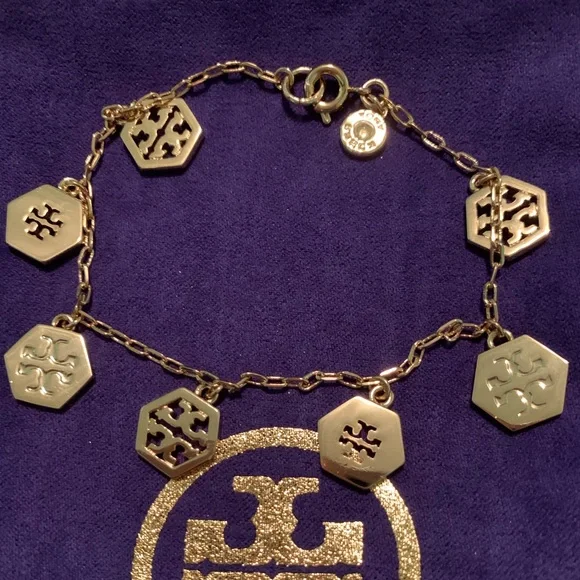 Tory Burch gold delicate hexagon logo charms bracelet - Picture 4 of 5